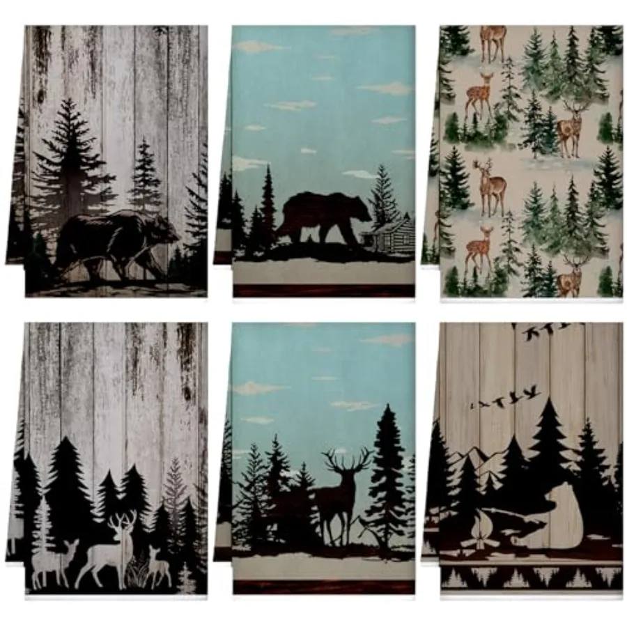 

6 шт. кухонные полотенца в деревенском стиле, полотенца для рук в деревенском стиле, лесной домик, олень, медведь, декоративный фермерский дом, винтажный тематический дизайн, чай для ванной комнаты D