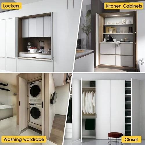 Imagen 2 del producto Kit de herrajes para puertas correderas de 5 uds, sistema plegable y riel oculto que ahorra espacio con cierre magnético para gabinete, armario y soporte para TV