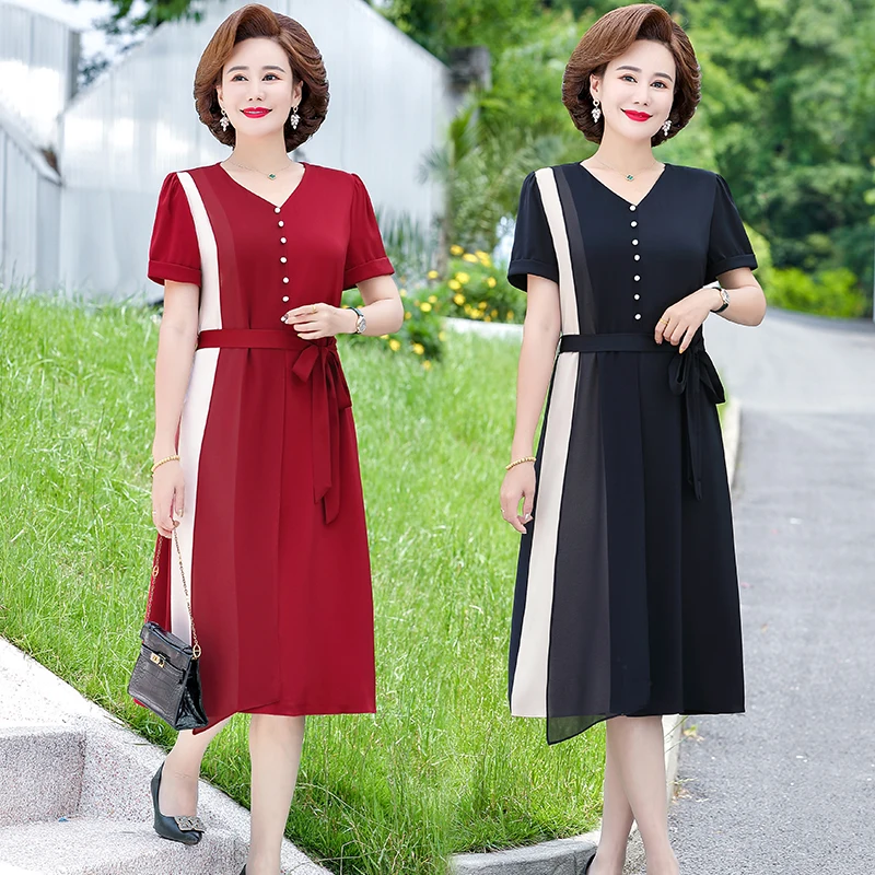 

2022 Summer Elegant Patchwork Mid-Length Korean Style V Neck Women Chiffon Cocktail Dresses Vestidos Women Clothing