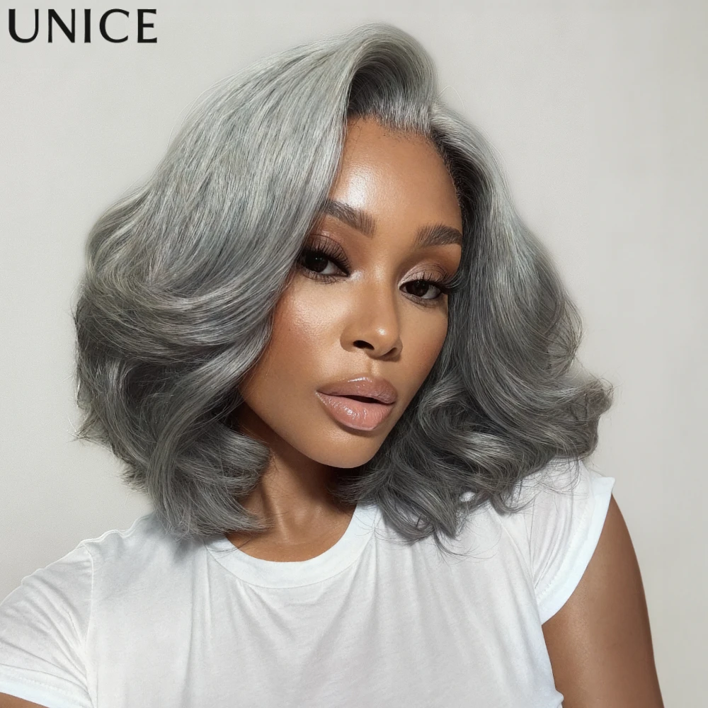 UNICE Hair Layered Blowout Salt & Pepper Glueless Human Hair Wig Pre Cut 6.5x1.5 Lace Short Bob Side Part Grey Wig 150% Density