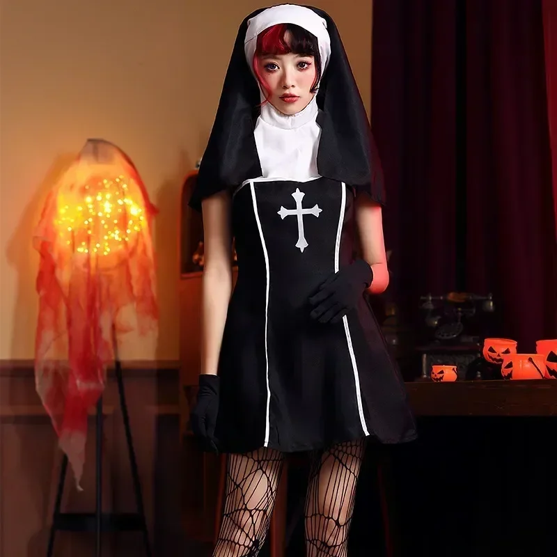 

New Black Gothic Sexy Nun Tube Dress Nun Cosplay Costume For Girl