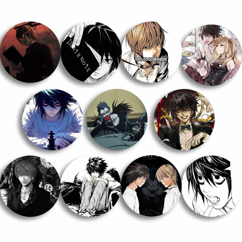 32/44/58mm Anime Death Note Role Enamel Pins Handmade Tinplate Round Brooch L Killer Yagami Light Cartoon Badge Bag Hat Jewelry