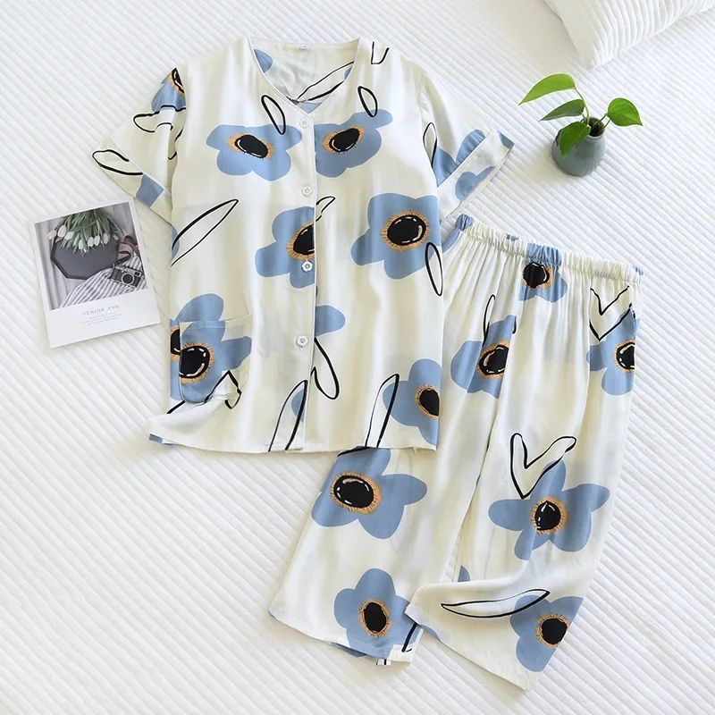 2024 Summer New Ladies V-Neck Cardigan+Pants Pajamas Set  Printed Women Comfort Sleepwear Soft Thin Homewear With Chest pad