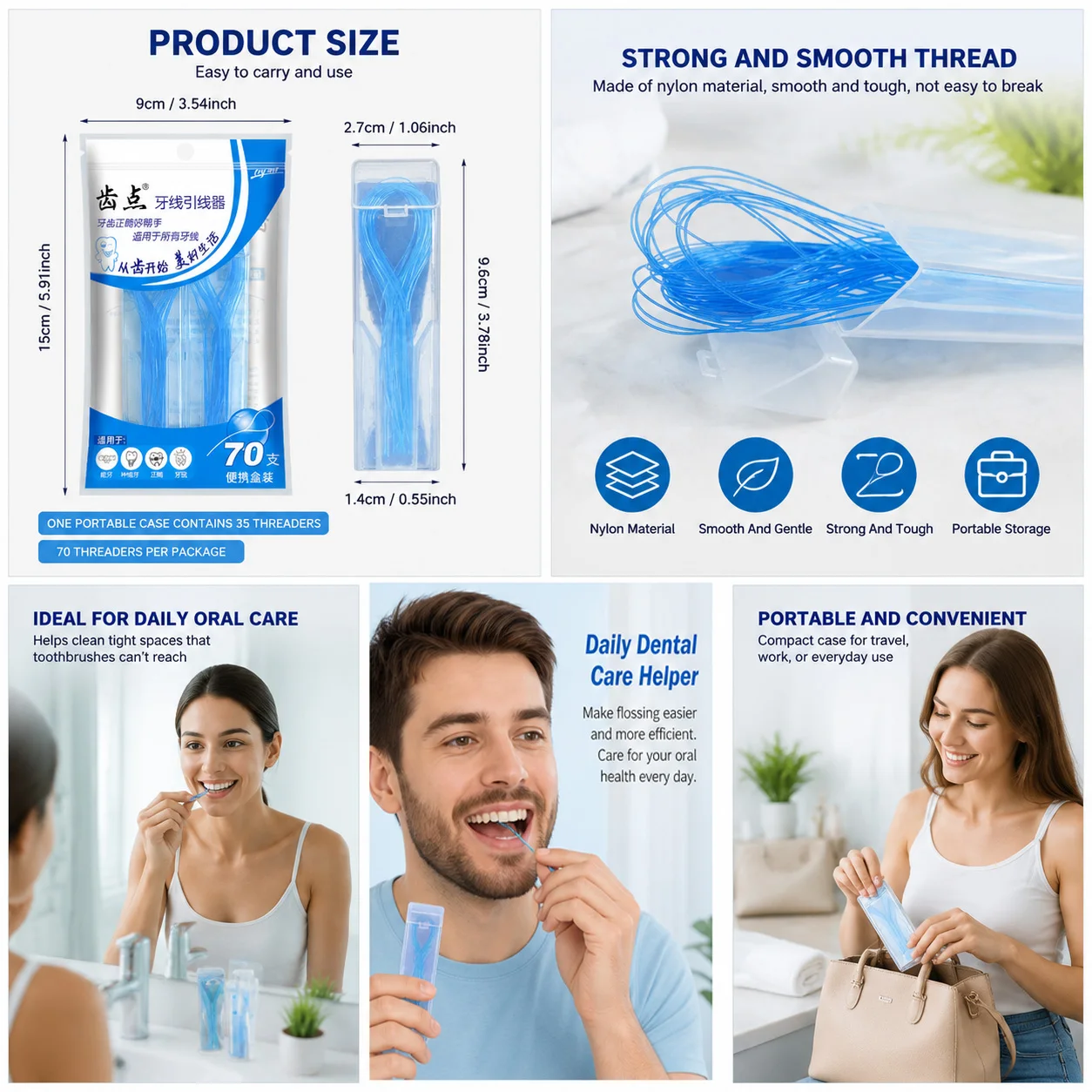 Oral Care | 35/70-count Reusable Blue Nylon Dental Floss Threaders | Food-safe, Waterproof, and Travel-Friendly.