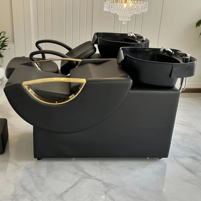Black Beauty Shampoo Bed Barber Shop Semi-lying Hair Salon Furniture Modern Hair Washing Shampoo Chair with Basin Ceramic
