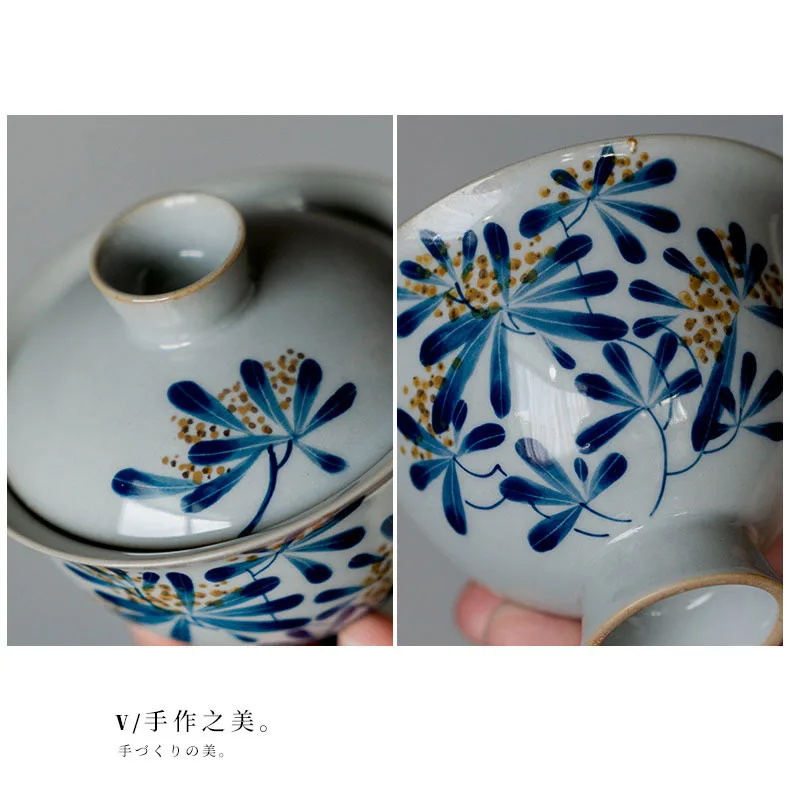 Boutique Pure Hand-painted Osmanthus Ceramic Tea Tureen Tea Maker Gaiwan Household High Foot Tea Bowl Kung Fu Tea Ceremony Gifts