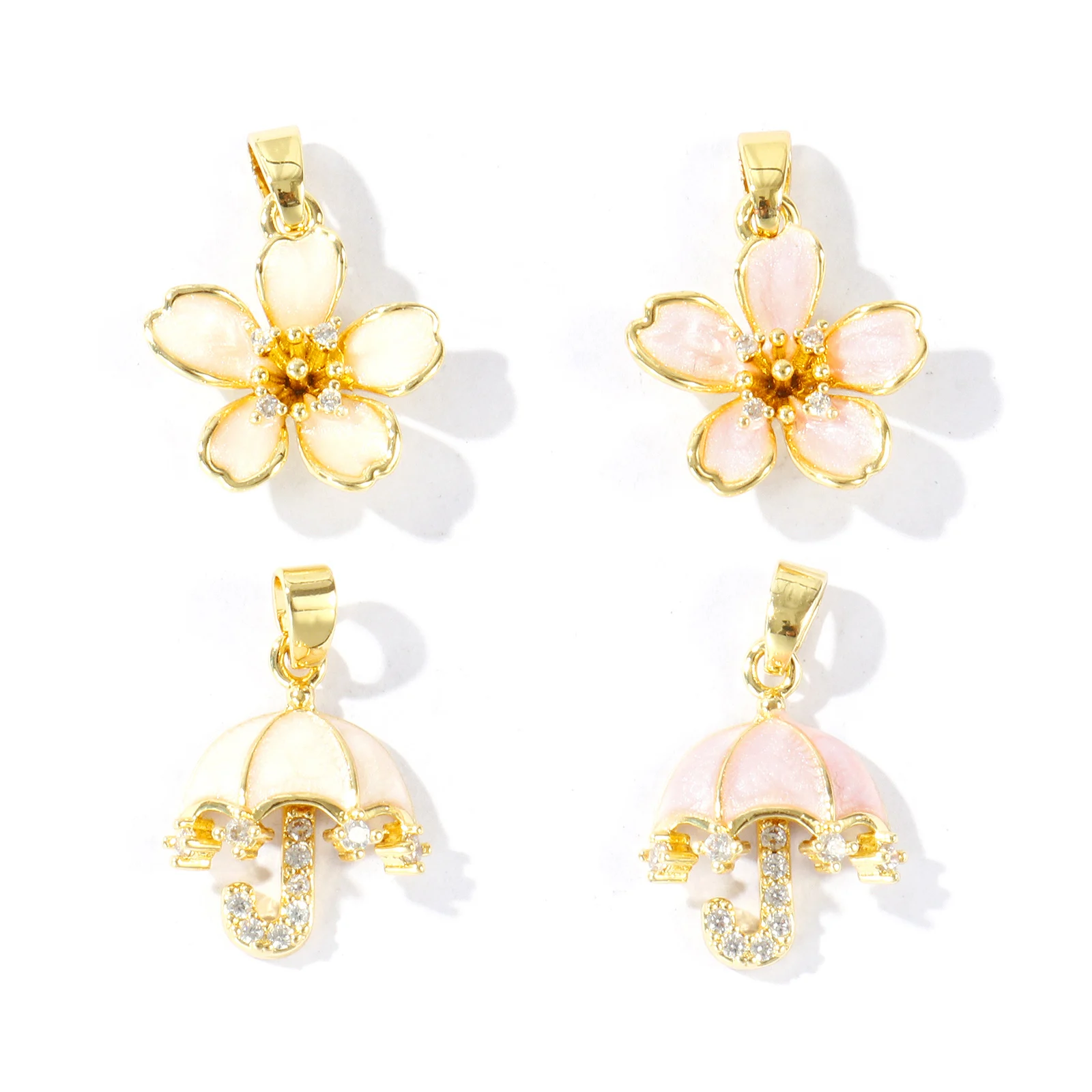 2 pcs 18k Gold Plated CharmsTransparent Zircon Pearl Umbrella Flower Melon Seed Buckle Brass Pendant For DIY Necklace Making