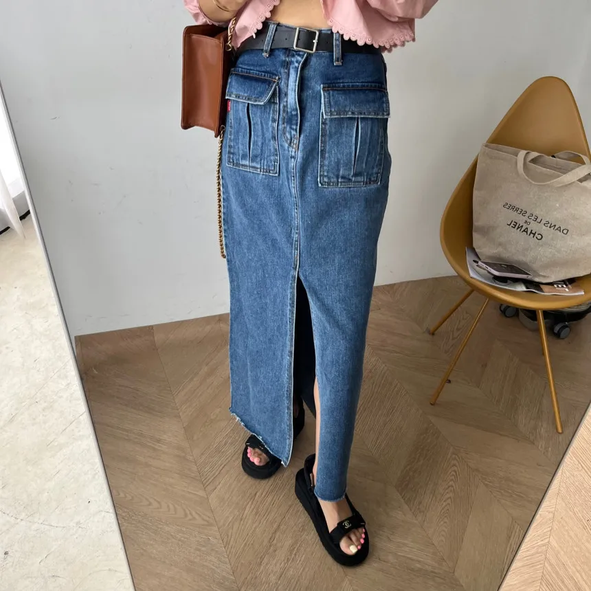 

High Waist Straight Leg Jeans Skirt Women's Vintage Waed ket Long Skirt Korean Sle Commute Pure Color H-ape Cotton