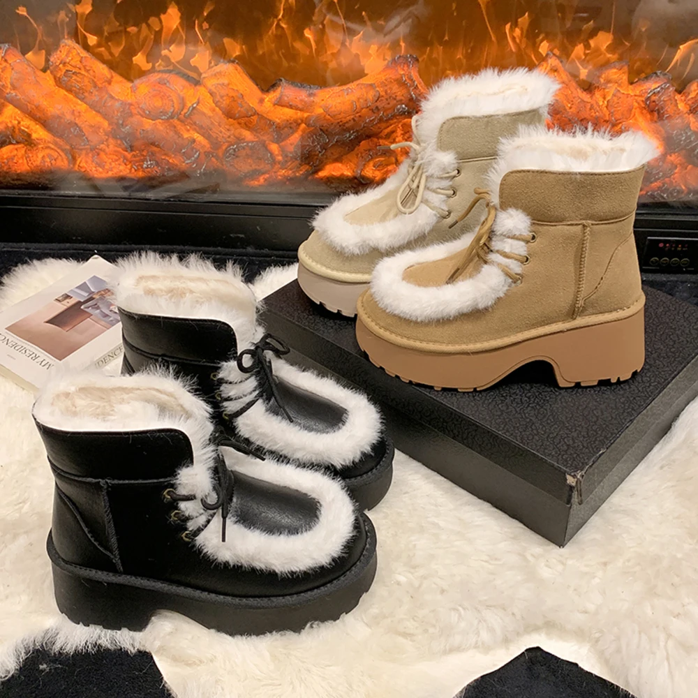 

Thick Bottom Snow Boots Women's New Winter Warm Shoes Anti-Slip Wear-Resistant Mid-Cut Korean Style PU Leather TPU Outsole