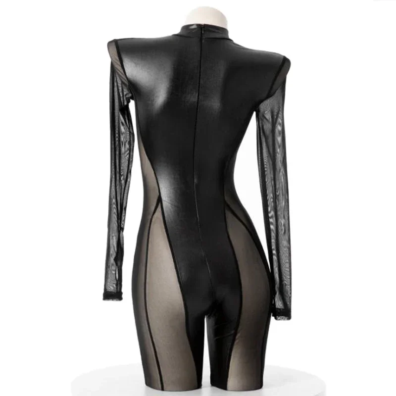 Cat Woman Agents Combat Uniform Black Mesh perspective Sexy Tight Jumpsuit See Through NightClub Leather Bodysuit Underwear Suit