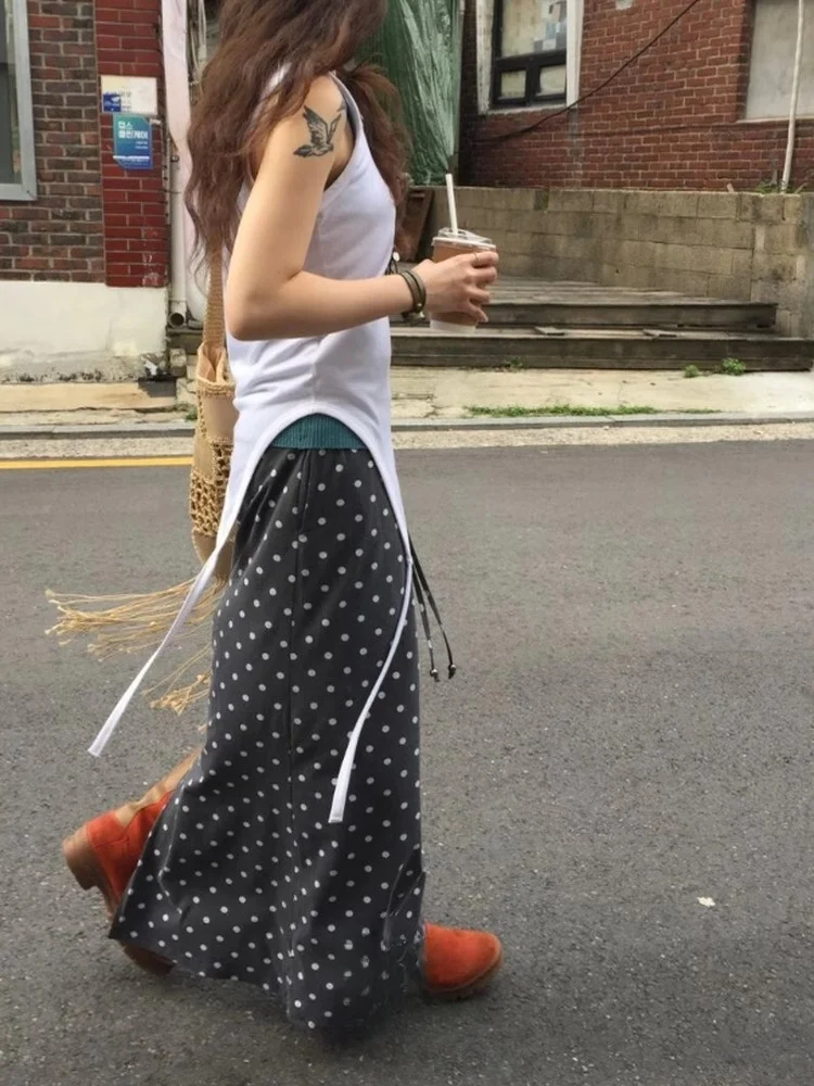 

Ретро японский дизайн в горошек с разрезом сзади, повседневный длинный платье с полуголовой резинкой на талии, универсальный Ci Commute ible A-Line...