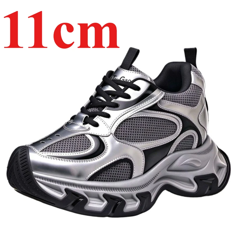 Silver Mesh Breathable Thick-soled Height-increasing Shoes Men's Comfortable Dad Shoes Invisible 11cm Heightening Elevator Shoes