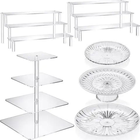 Pcs Acrylic Cake Stands Set Include 2 Display Risers 1 Pcs 4 Tier Cupcake Tower and 3 Clear Round Dessert Trays Cake Table Holde