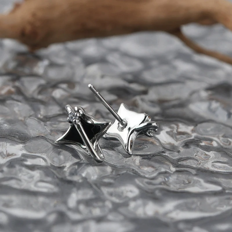 Four Pointed Star Earrings Men's Trendy Personality Drip Glue Earring Hip-hop style Zircon Studded earrings 925 Silver Jewelry