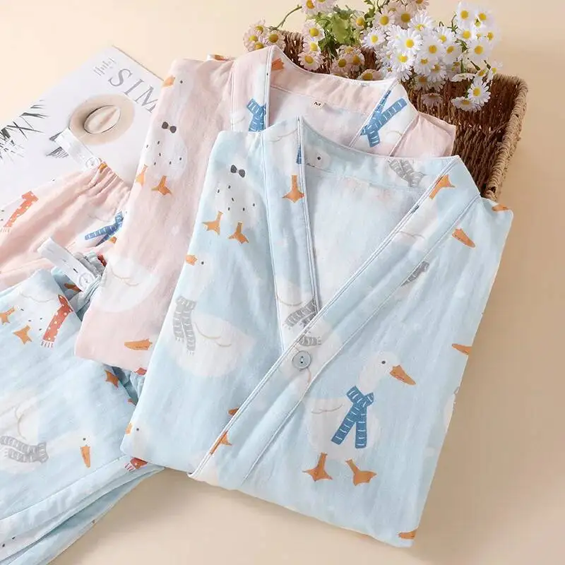 

Милый стильный хлопковый двухслойный марлевый комплект с мультяшным принтом для женщин, весенне-осенняя одежда для сна, одежда