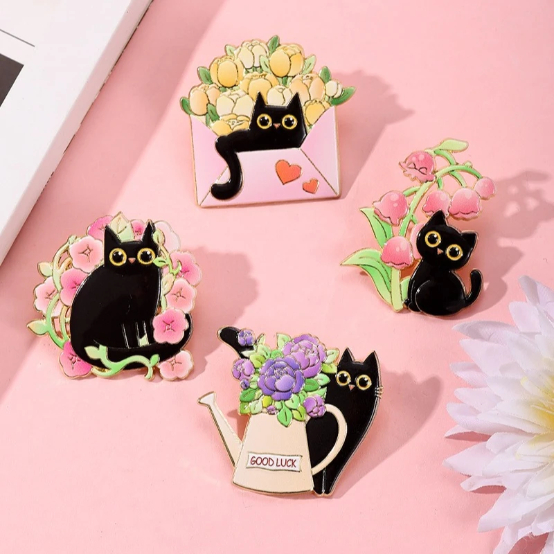 New Floral Black Cat Brooch Metal Pin Badge DIY for Clothes Bags Shoes Hat Scarf T-shirt Jeans Accessories Fashion Jewelry