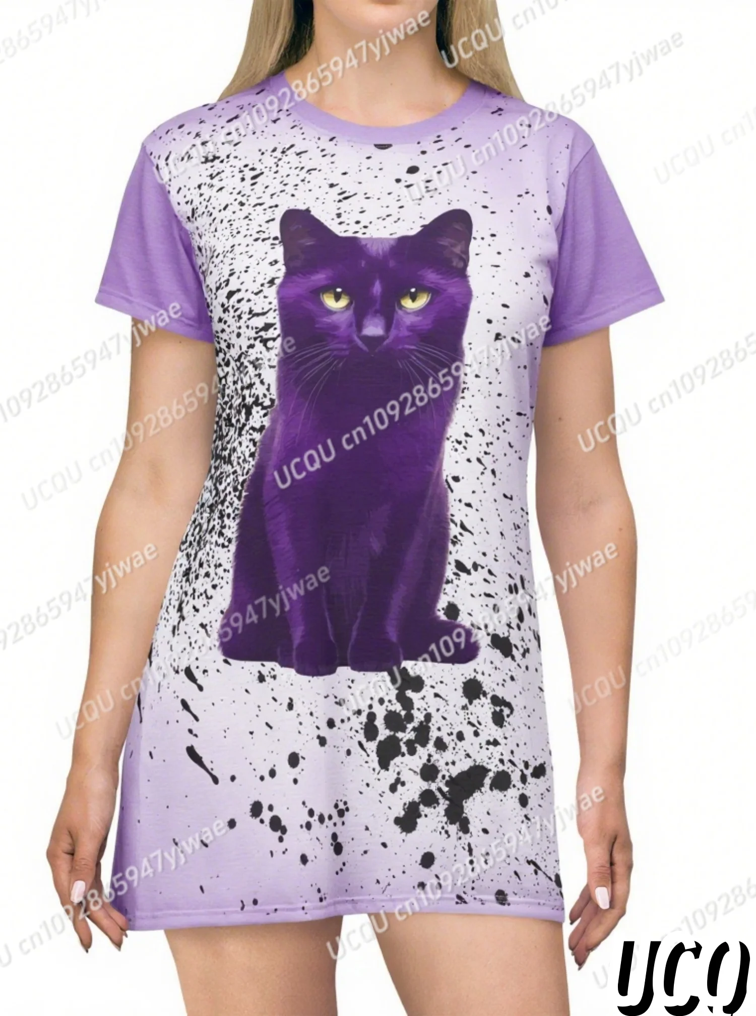 2025 Donne di Estate T-Shirt Vestito Allentato Casual Gatto Nero Stampa Stampato O-Collo Della Signora Manica Corta Pullover Abiti Abbigliamento Donna