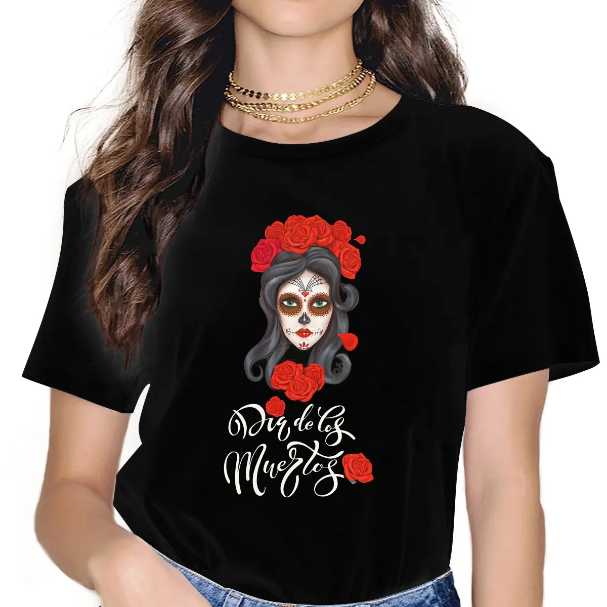 Mexican Skull Day of the Dead Girls T Shirt Vintage Halloween Female Tops Polyester Harajuku Kawaii Y2k Tees Ladies Tshirt