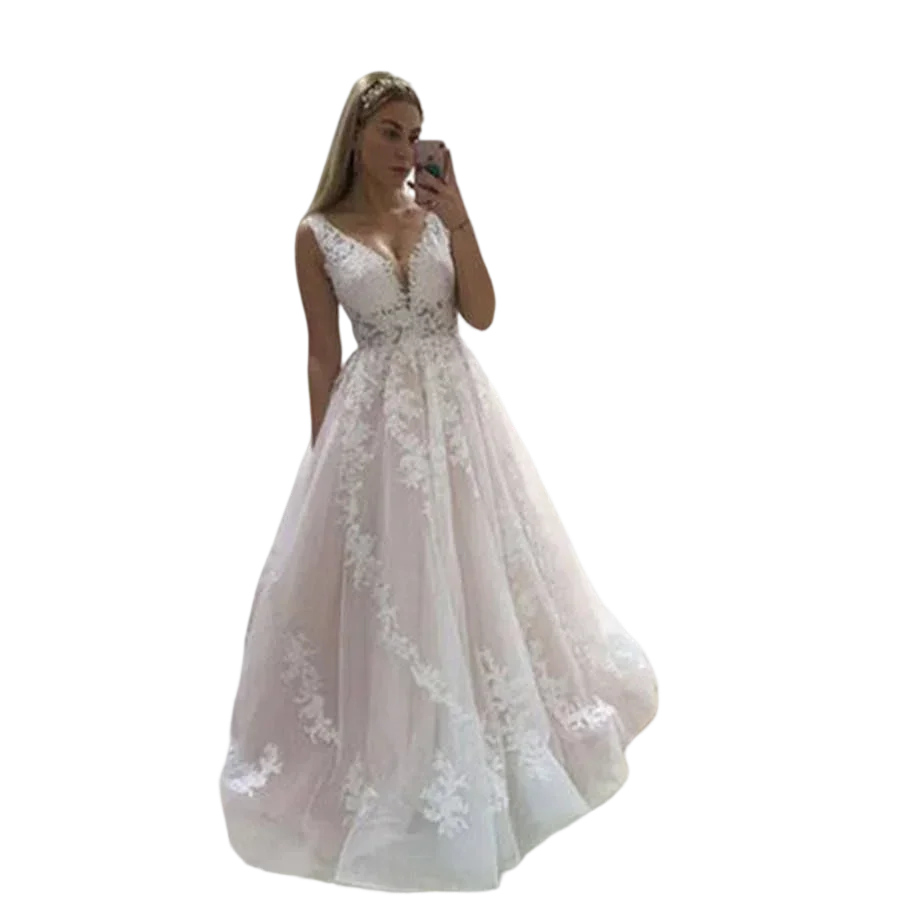 Personalizado rosa vestido de casamento 2025 v pescoço vestidos de noiva sem costas sem mangas apliques completos rendas vestidos de noiva país