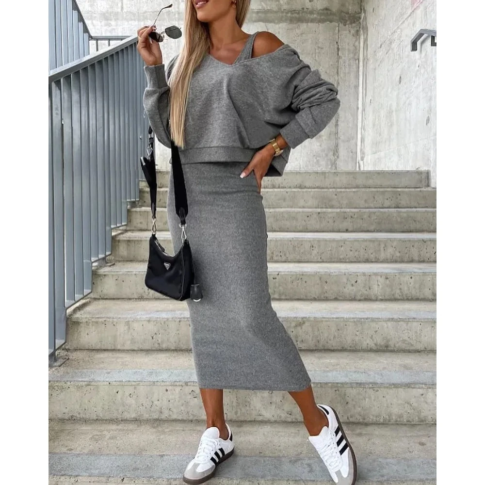 Autumn And Winter Women's Fashion Grey Slim Fit Long Tank Top Dress V-neck Long Sleeve Hooded Sweater Coat 2-piece Set S-2XL