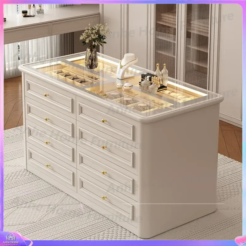 Custom French Style Middle Island Display Cabinet Floor Standing Jewelry Storage Unit with Bucket Design Baking Paint Finish
