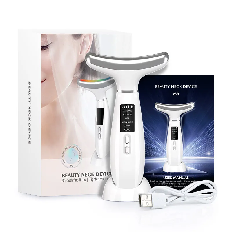 Sonic Vibration Neck Massage LED Photon Therapy Anti Neck Wrinkles Skin Tightening Face Massager Slimming Face Lifting Device