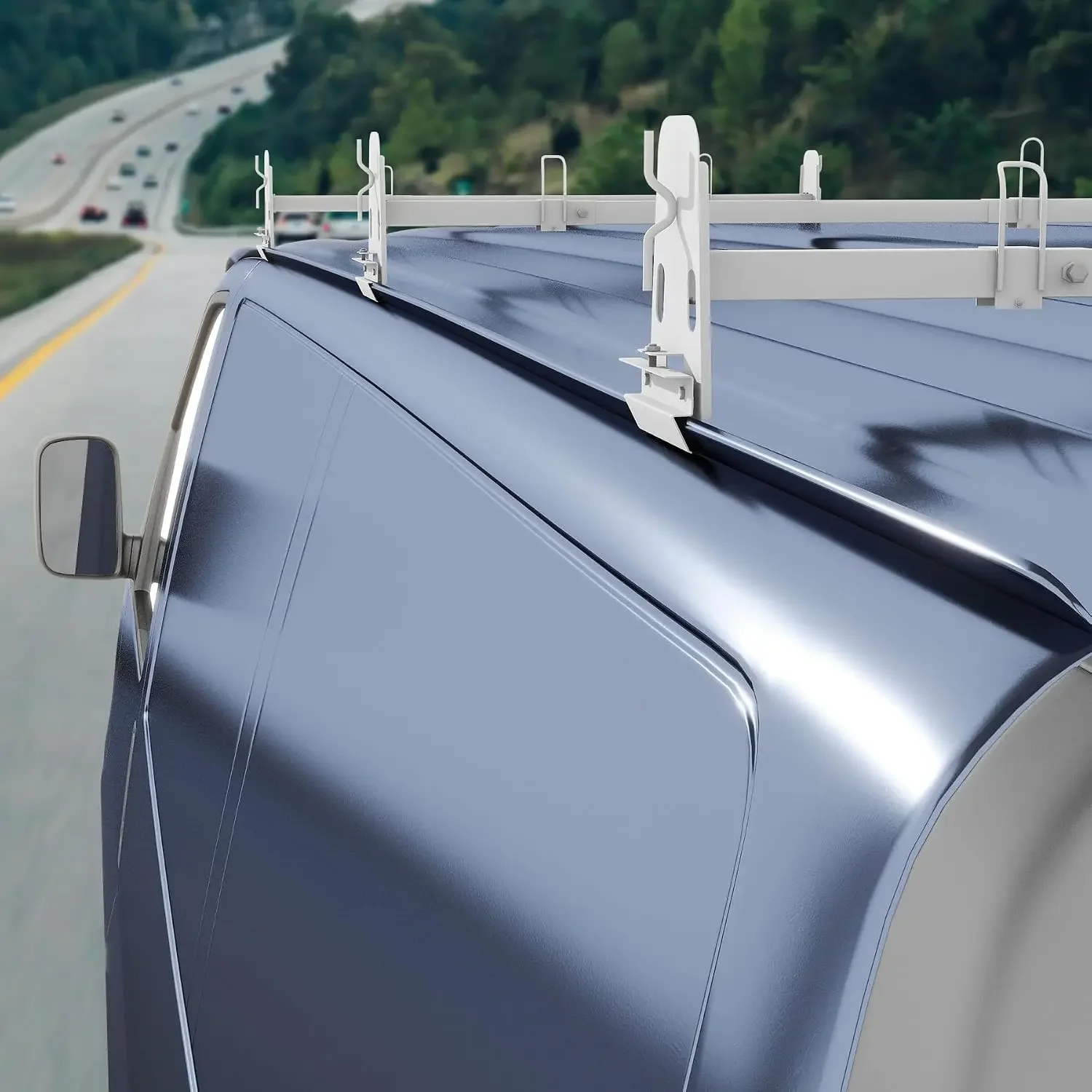 Universal Van Roof Ladder Rack, White, 2 Bar Set | Adjustable Length 41.5''- 70'', Fit for Chevy Express 1500 2500 3500 Ford Eco