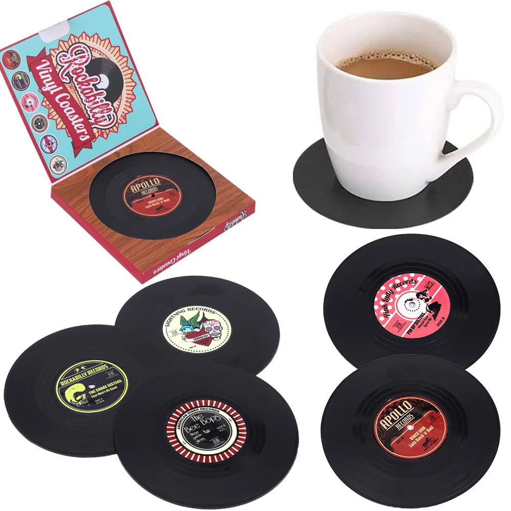 

6 pieces/set of colored vinyl record disc coaster beverage vinyl record anti-slip silicone coaster set coffee table decoration