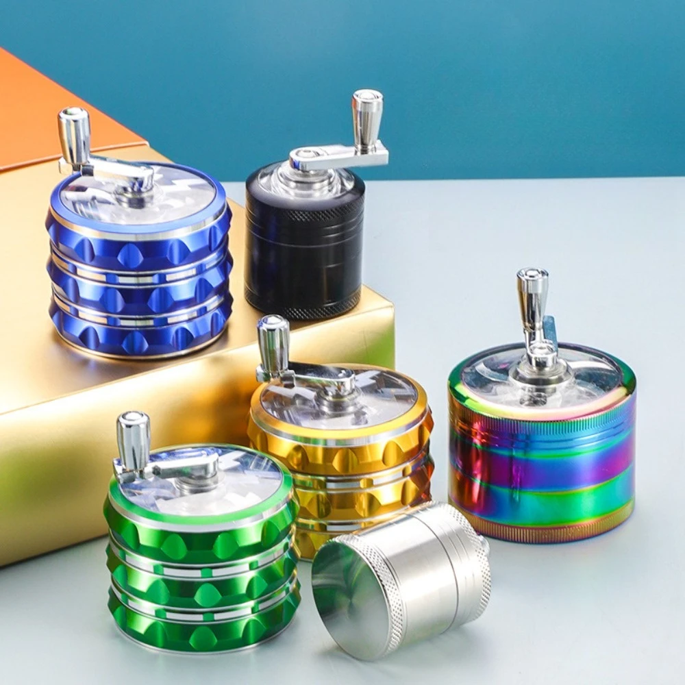 40mm 63mm Portable Multi-specification Zinc alloy Cigarette Grinder with Rocker Hand Cranked Clear Top Grinder Smoke Crusher