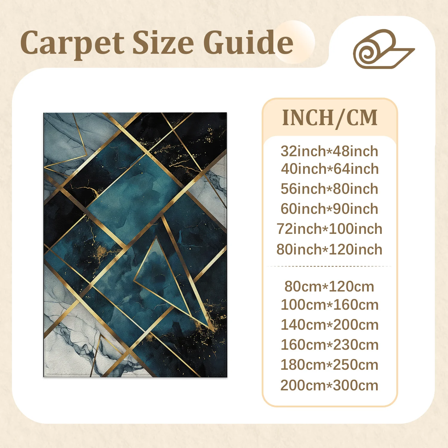 Large Indoor Area Rug, Soft Velvet Low Pile, Non-slip Dotted Backing, Machine Washable Teal Gold Geometric Marble Rug for Living Room, Bedroom Modern Home Decor