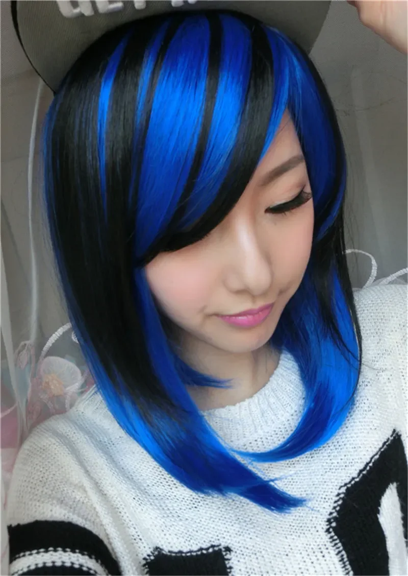 short straight wigs black mix blue wig cosplay women lolita synthetic anime heat resistant peruca ombre hair