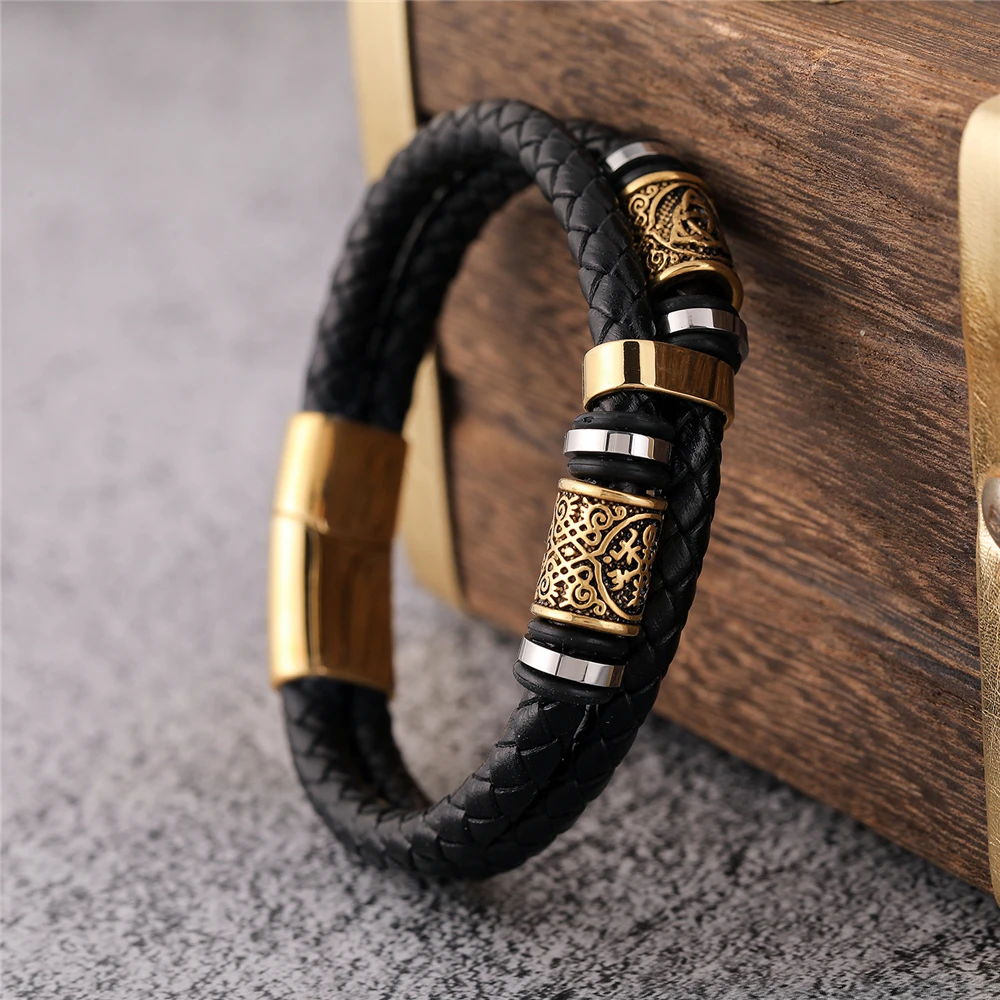 Punk Männer Vikings Stil Echtes Leder Armband Geflochtene Multilayer Edelstahl Nordischen Runen Perlen Armreifen Paar Schmuck Geschenk – Detail 2