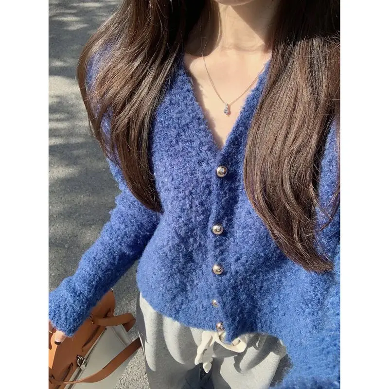 Sweet Fashion Autumn/Winter Sweaters Coat Women\'s Solid V-Neck Single Breasted Casual Loose Long Sleeve Knitted Cardigan Tops