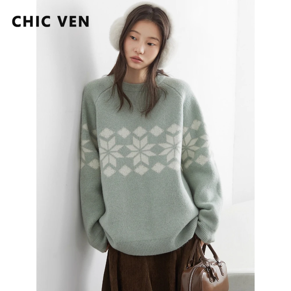 

CHIC VEN New Women Sweaters Round Neck Snowflake Jacquard Knitted Jumpers for Girl Warm Female Pullovers Autumn Winter 2025