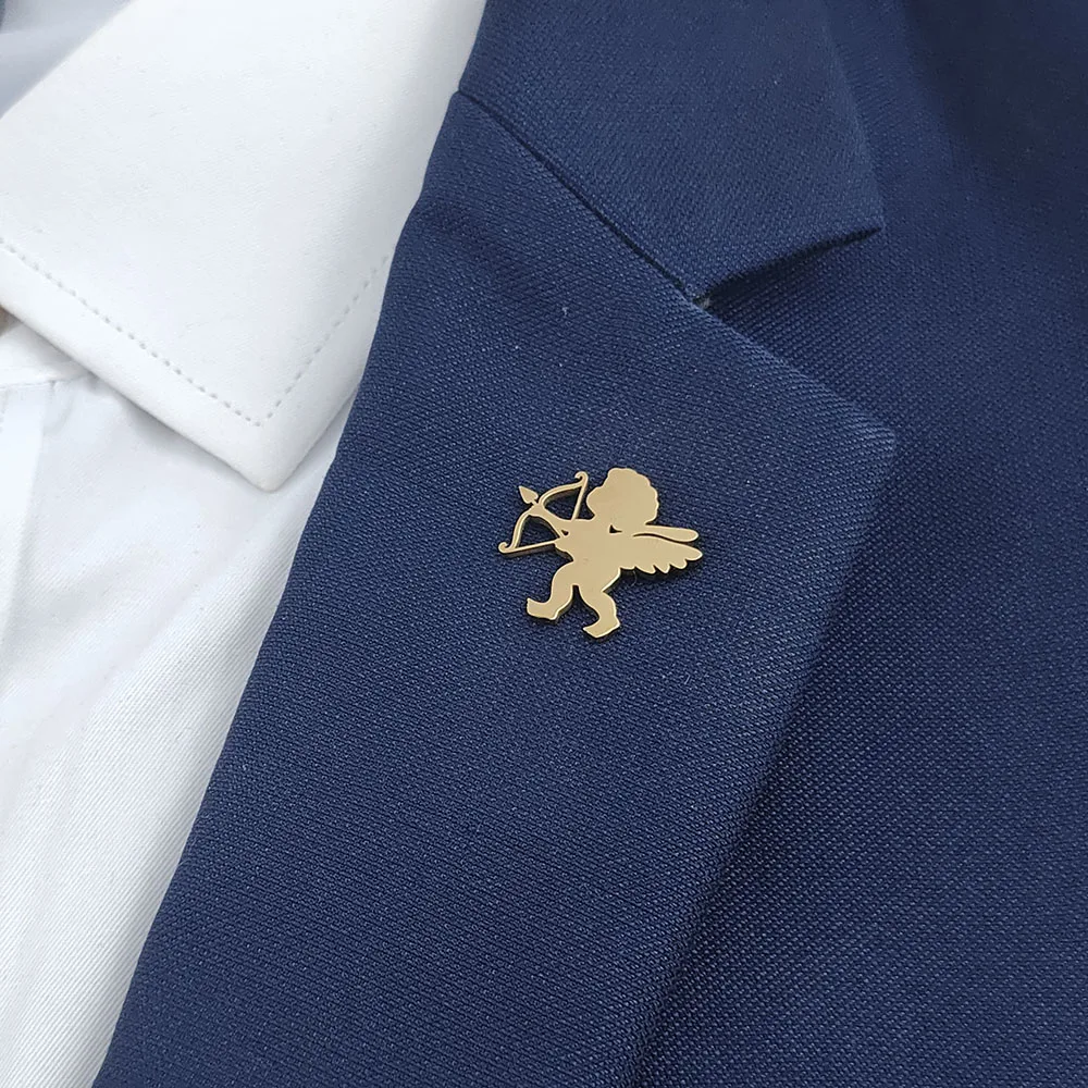 Winged Cupid Bow‑and‑arrow Lapel Pin 18K Gold Plated 316L Stainless Steel Angel Brooch Valentine Clothing Accessory