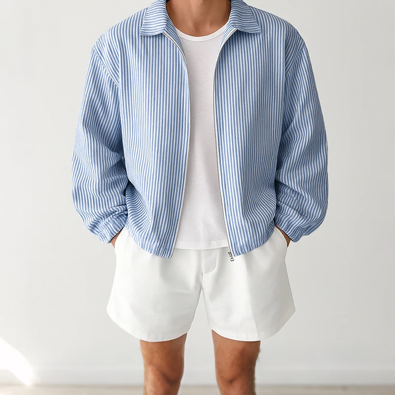 

INCERUN мужские полосатые куртки с лацканами и длинными рукавами на молнии, повседневные мужские пальто, уличная одежда, 2025 г., свободные модные укороченные куртки для отдыха, мужские куртки