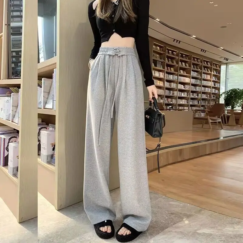 

Spring Autumn New Solid Color Fashion Wide Leg Trousers Women Elastic Waist High Waist Lacing Korean Style Chic All-match Pants