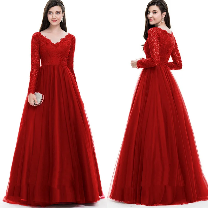 

Red Elegant A Line Evening Dress New Deep V Neck Long Sleeves Party Gown Bodice Vestido Classical Lace Patchwork Wedding Dresses