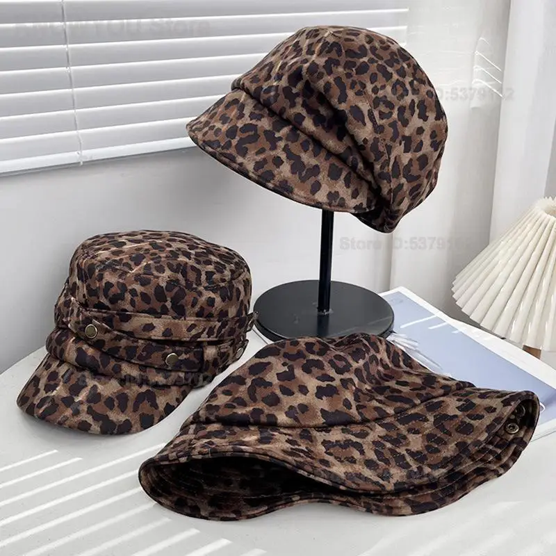 Women's Retro Leopard Print Wool Newsboy Cap Vintage Eight-Panel Baker Boy Hat Casual Versatile Face Slimming Hat Fall/winter