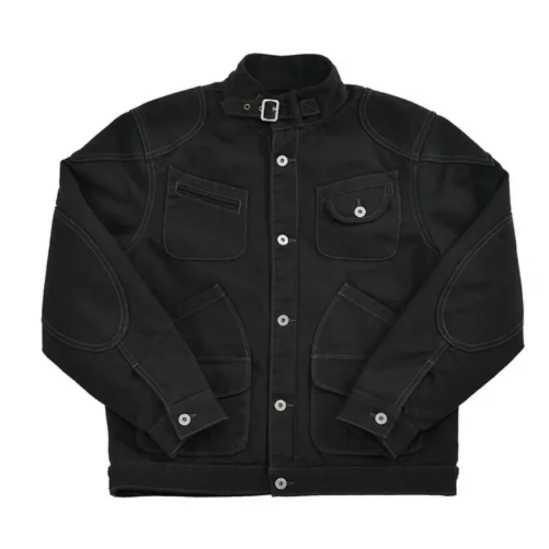 

Men's Canvas Motorcycle Jacket, Black Standard Collar Quilted Coat