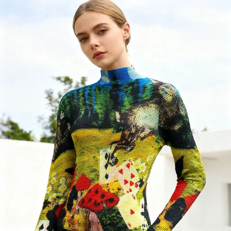 

Miyake Ruffled Top Multi-color Printing Flowers Slim Thin Long-sleeved Half-high Neck T-shirt Thin Stretch Bottoming Shirt Women