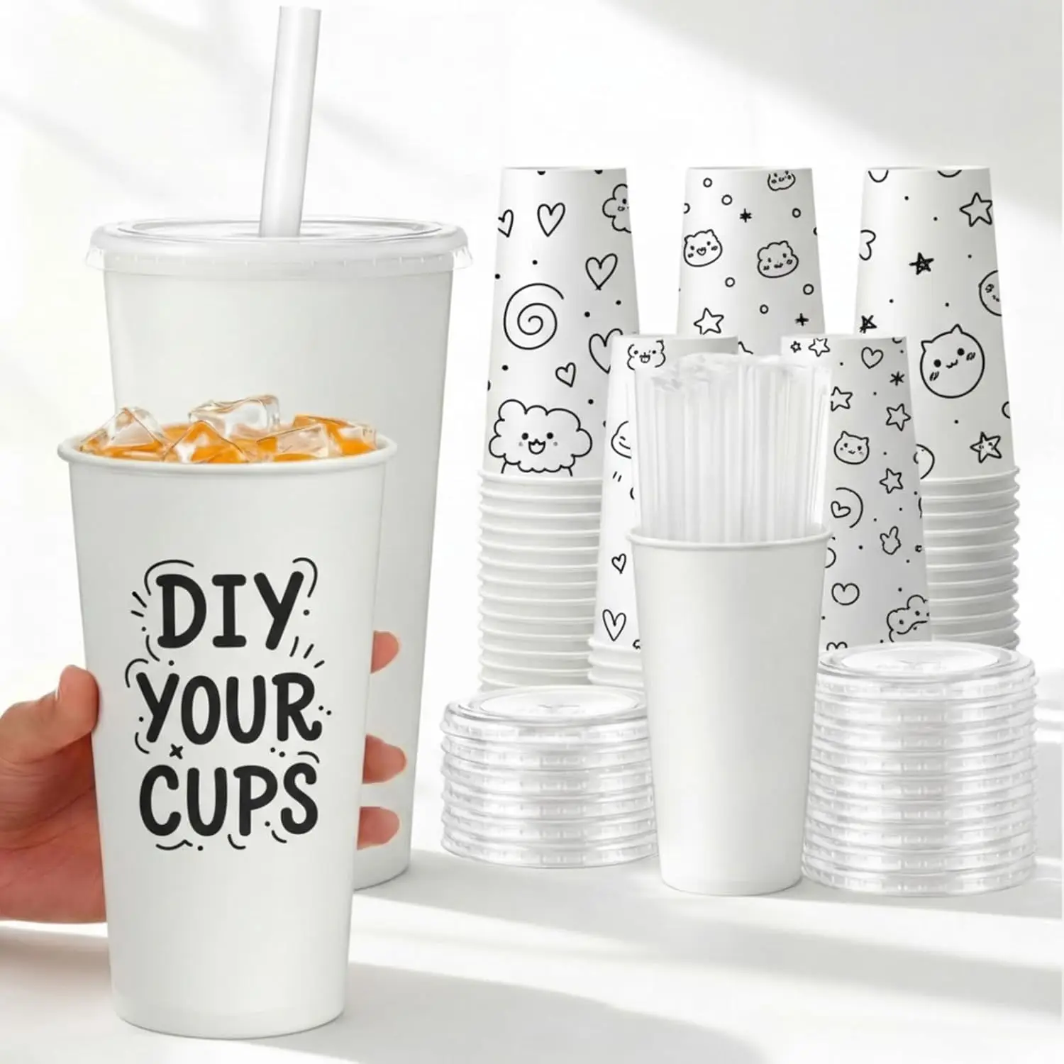 

50 Sets 32 oz White Paper Cups with Lids and Straws (Individually Packaged), DIY Disposable Drinking Cups for Snack Bar