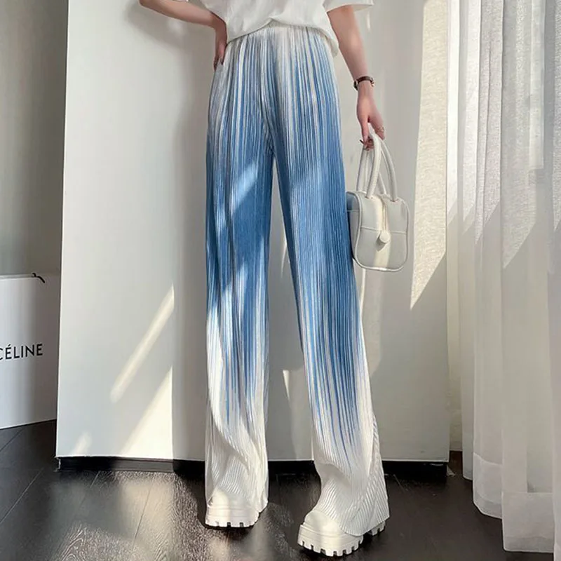 Zoki Streetwear Women Tie Dye Wide Leg Pants Summer High Waist Ice Silk Straight Trousers Fashion Gradient Loose Pleated Pants