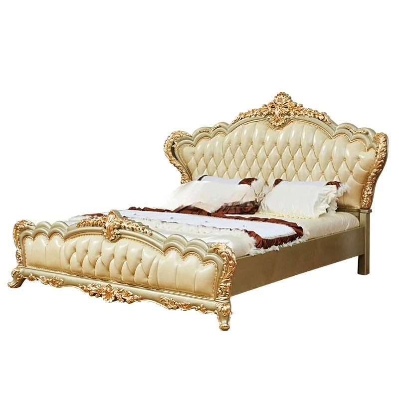 

European-style villa luxury high-end solid wood bed leather oak engraved French high-end 1.8 meters luxury wedding bed 2.02