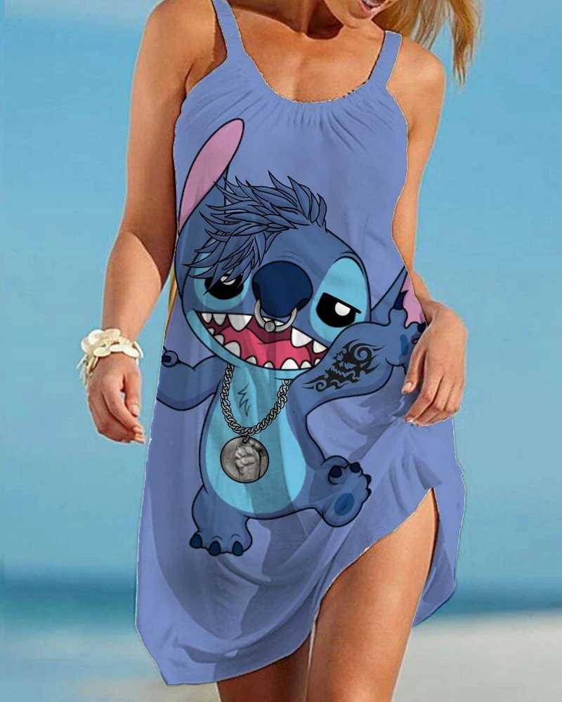 2022 Summer Women Disney Stitch Sleepwear Nighty Nightdress Robe Vest Suspender Skirt Nightgown Female Night Home Cloth Dress