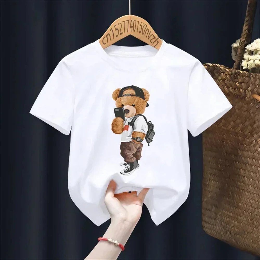 2023 Funny Bear Selfie Print Kids Cotton T-shirt Children Baby Cute Harajuku Kawaii Clothing Boy Girl Tops Kids Adults Clothing