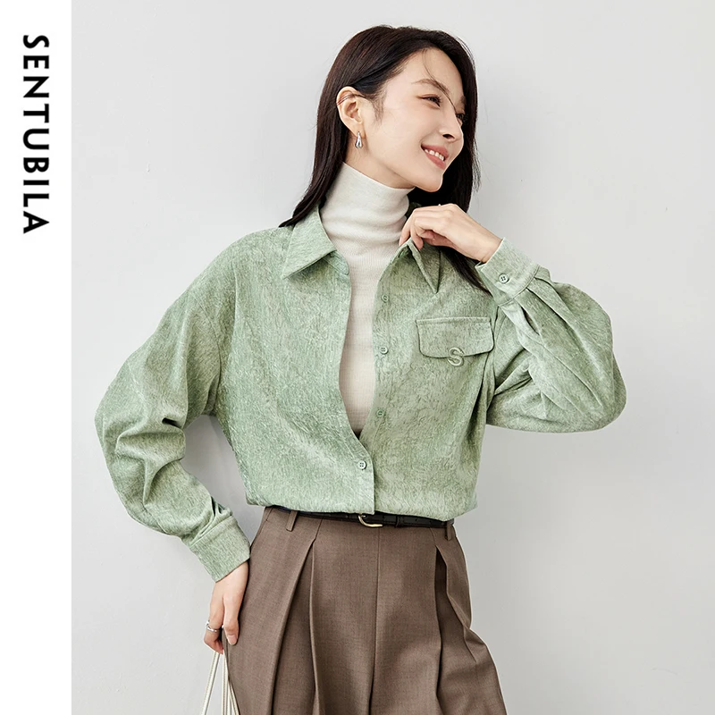 SENTUBILA Corduroy Embroidery Shirt Women 2024 Winter Folds Turn Down Collar Button Down Solid Casual Female Blouse 144C57426