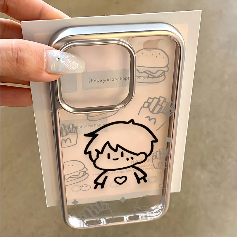 Hamburger and French Fries Boy Phone Case For iPhone 16 15 14 13 12 11 Pro Max XR X XS 14 15 7 8 Plus Y2K Kawaii Clear Cover