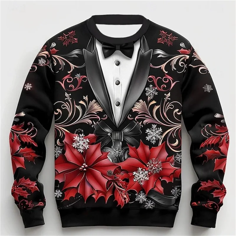 New Year Christmas Men's Crewneck Sweatshirts 3D Printing Bow Tie Cosplay Long Sleeve Pullovers Hoodie New In Mens Party Costume