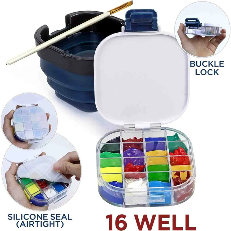 1 PCS Airtight Paint Saver Storage Palette Box Include Paint Brush Basin, Perfect For Gouache Blue